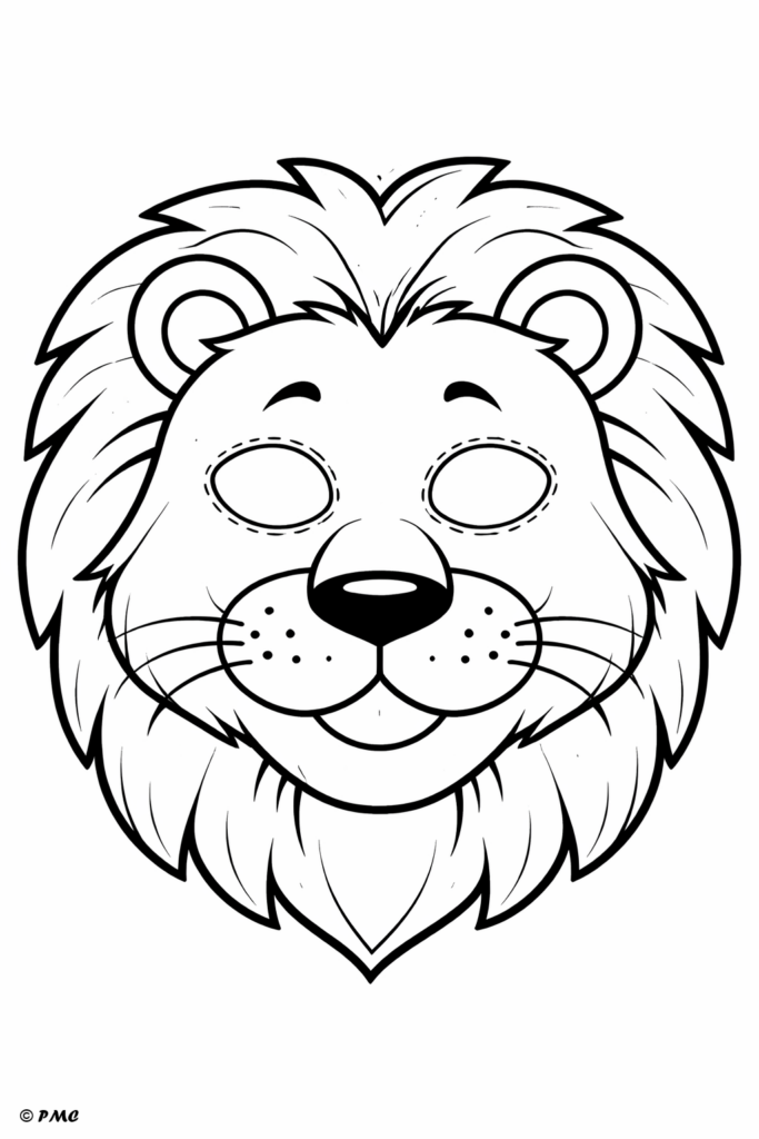Masque de Lion mignon avec pointillés de découpage et texte "Carnaval Lion Masqué".