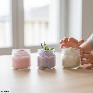 Trois pots en verre contenant différentes pâtes à modeler maison : rose, violette et blanche pailletée.