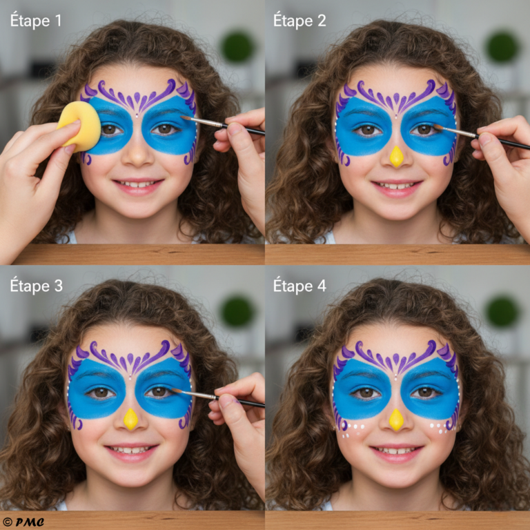 Guide en 4 étapes pour réaliser un maquillage de chouette bleue et violette sur un enfant.