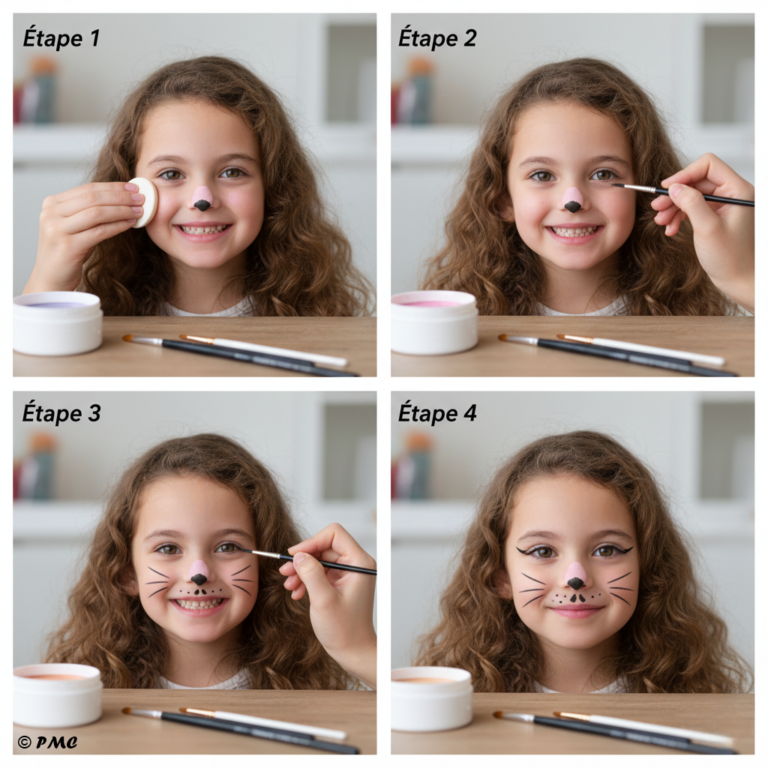 Maquillage de chaton coloré de paillettes sur le visage d'une petite fille.