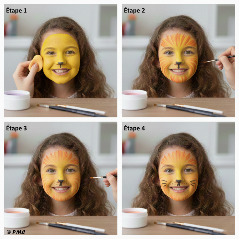 Maquillage de tigre orange et noir avec des rayures sur le front et les joues.