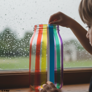 Mains d'un enfant collant autour d'un bocal en verre décoré des bandes colorées.