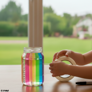 Mains d'un enfant enroulant du ruban adhésif transparent autour d'un bocal en verre décoré de bandes colorées.