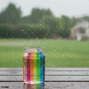 Pluviomètre artisanal coloré arc-en-ciel fabriqué par un enfant posé sur une table en bois.
