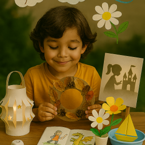 Enfant tenant une couronne d’automne, entouré de créations inspirées par les quatre saisons : lanternes d’hiver, fleurs de printemps et bateau d’été