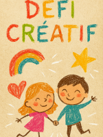 Deux enfants se tiennent la main sous un arc-en-ciel, un cœur et une étoile, avec le titre “Défi créatif” coloré au-dessus.