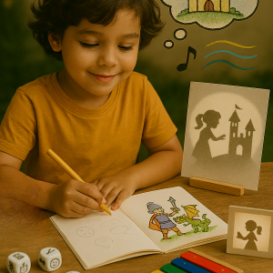 Enfant dessinant un chevalier et un dragon dans un livre fait main, entouré de dés à histoires et d’un théâtre d’ombres.