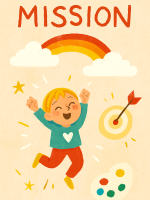 Enfant sautant de joie sous un arc-en-ciel, entouré d’une cible, d’étoiles et de nuages.